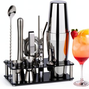 Cocktail Shaker Set Bartender Kit : 15-Piece Bar Tool Set with Acrylic Stand Bars Set with All Practical Bar Accessories, for Drink Mixing, Bar, Home, Lounge & Party, Silver-0