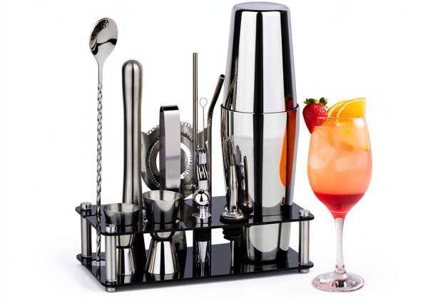 Cocktail Shaker Set Bartender Kit : 15-Piece Bar Tool Set with Acrylic Stand Bars Set with All Practical Bar Accessories, for Drink Mixing, Bar, Home, Lounge & Party, Silver-0
